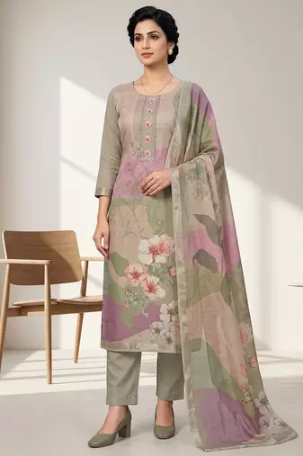 olive linen shimmer digital floral printed dress material