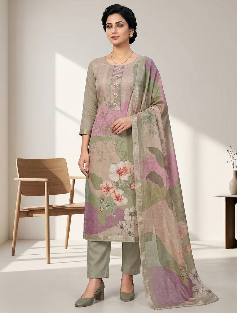 Stylee lifestyle olive linen shimmer digital printed dress material