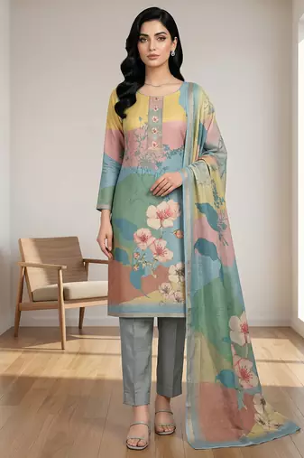 Stylee lifestyle teal linen shimmer digital printed dress material