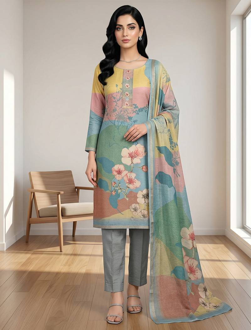 Stylee lifestyle teal linen shimmer digital printed dress material