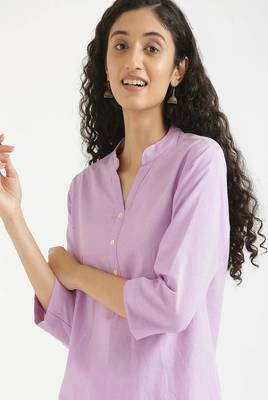 women lilac cotton short kurti with mandarin collar 2