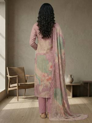 pink linen shimmer digital floral printed dress material 3