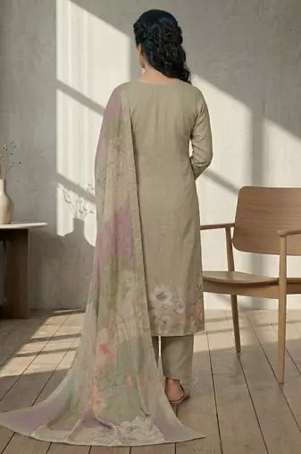 olive linen shimmer digital floral printed dress material