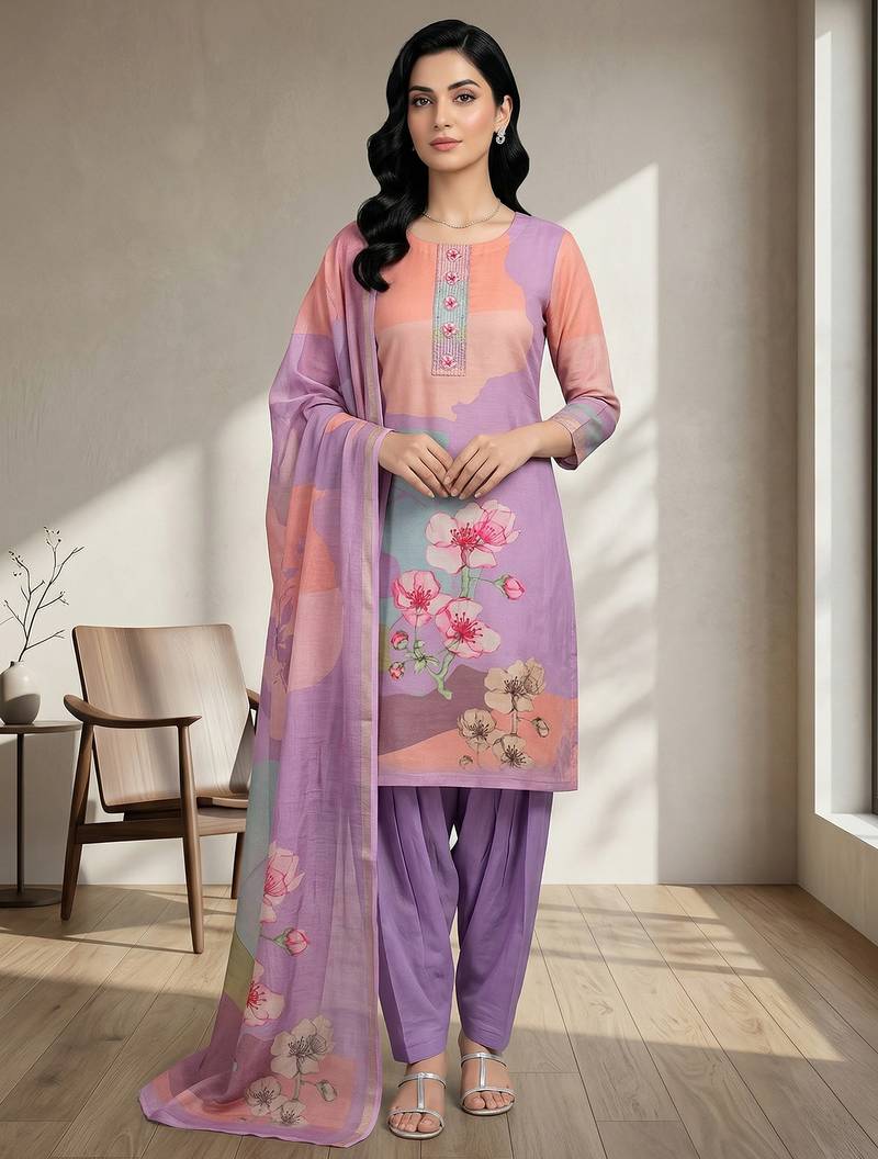 Stylee lifestyle purple linen shimmer digital printed dress material
