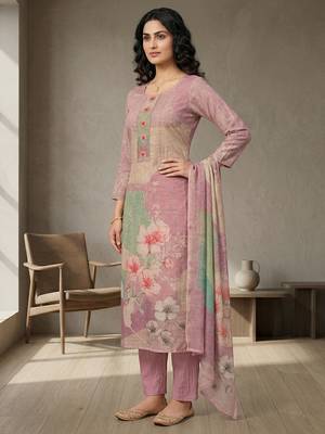 pink linen shimmer digital floral printed dress material 4
