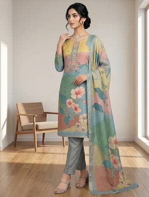 teal linen shimmer digital floral printed dress material 2