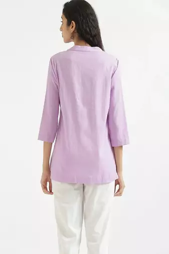 women lilac cotton short kurti with mandarin collar
