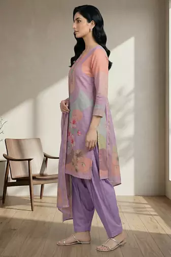 purple linen shimmer digital floral printed dress material