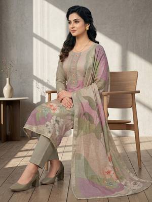 olive linen shimmer digital floral printed dress material 3
