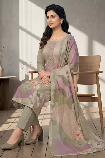 olive linen shimmer digital floral printed dress material