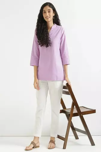 women lilac cotton short kurti with mandarin collar