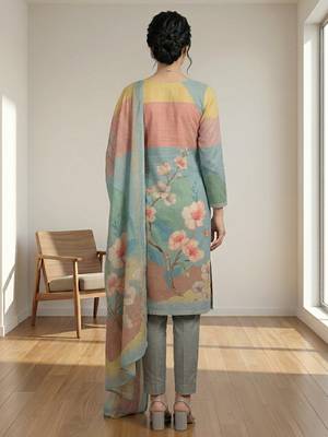 teal linen shimmer digital floral printed dress material 3