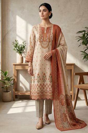 peach digital print linen shimmer suit material for women	