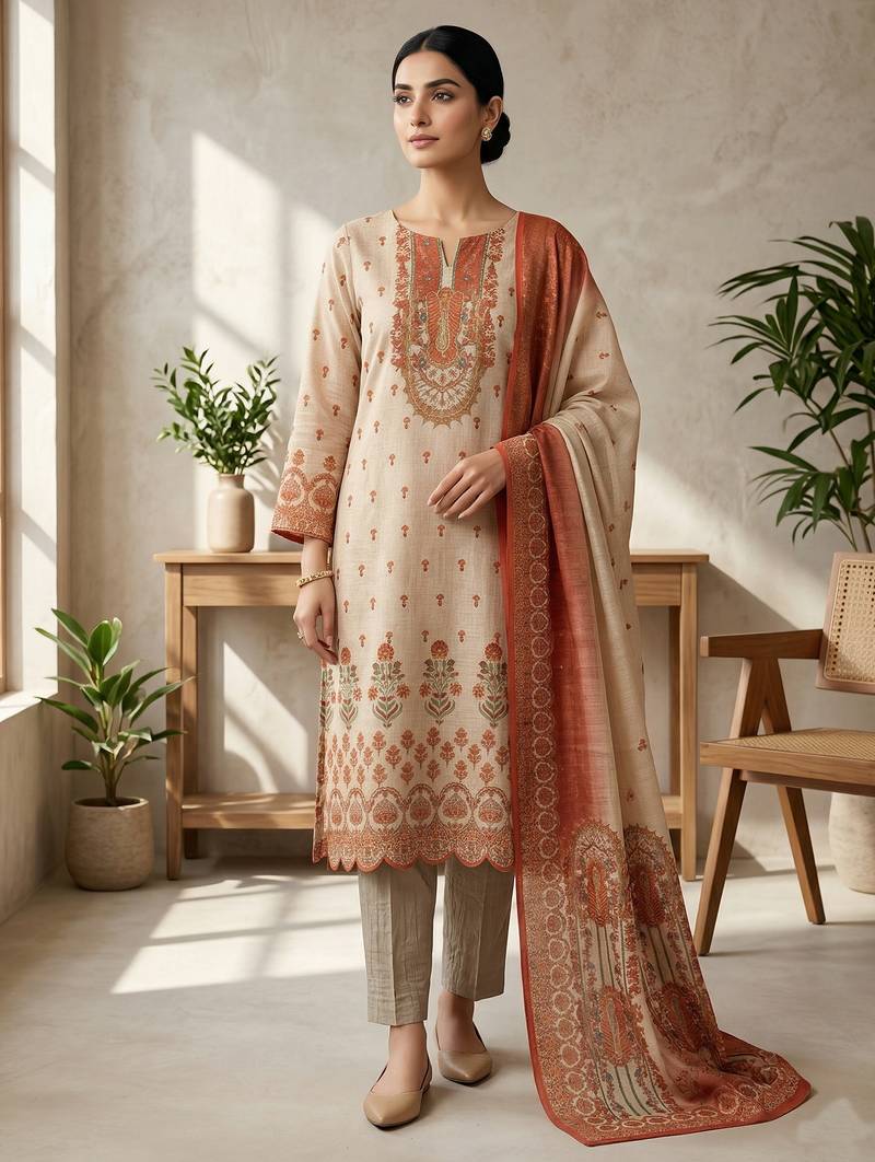 Stylee lifestyle peach linen shimmer digital printed dress material