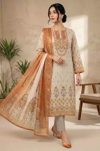 beige digital printed linen shimmer suit material