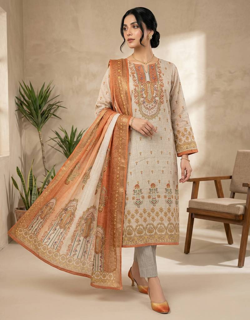 Stylee lifestyle beige linen shimmer digital printed dress material