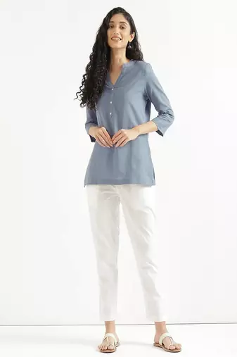 Women english blue airy linen short kurta
