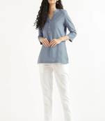 women solid blue cotton short kurti with mandarin collar