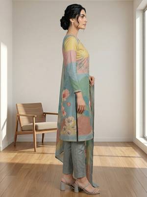 teal linen shimmer digital floral printed dress material 4