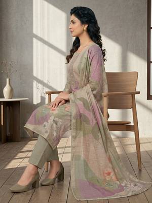 olive linen shimmer digital floral printed dress material 4