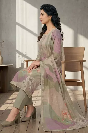 olive linen shimmer digital floral printed dress material