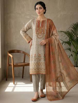 beige digital printed linen shimmer suit material 2