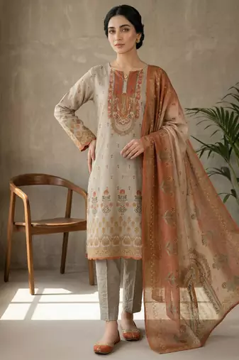 beige digital printed linen shimmer suit material