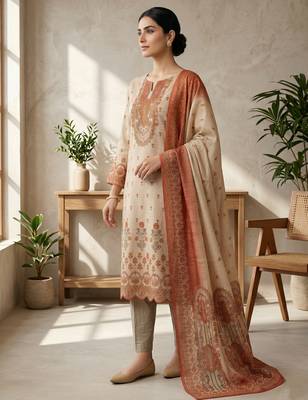 peach digital print linen shimmer suit material for women	 2