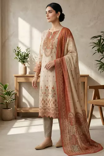 peach digital print linen shimmer suit material for women	