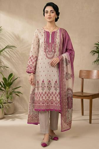 pink digital print linen shimmer suit material for women