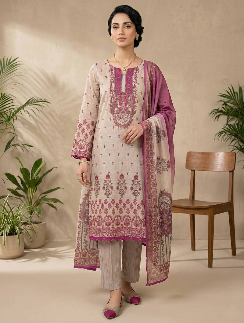 Stylee lifestyle pink linen shimmer digital printed dress material