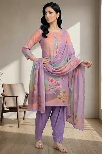 purple linen shimmer digital floral printed dress material