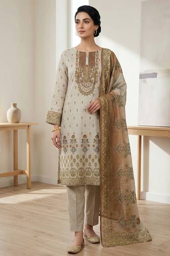 beige digital print linen shimmer suit material for women