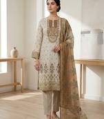 beige digital print linen shimmer suit material for women