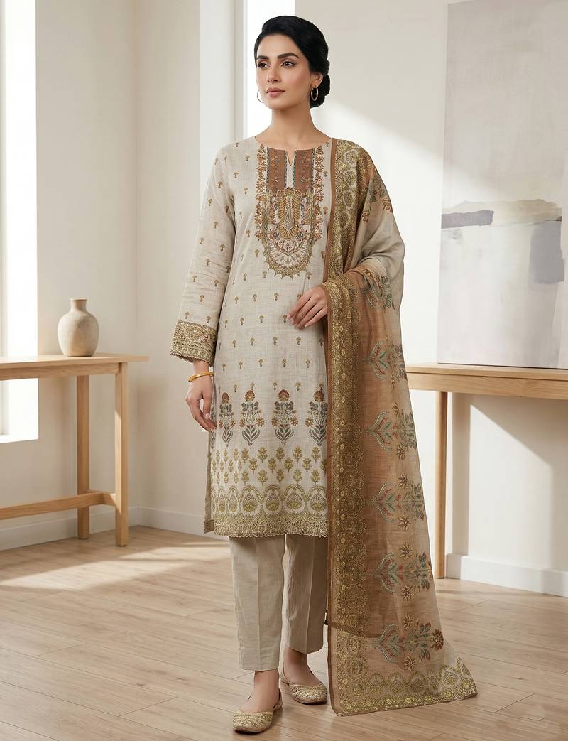 Stylee lifestyle beige linen shimmer digital printed dress material