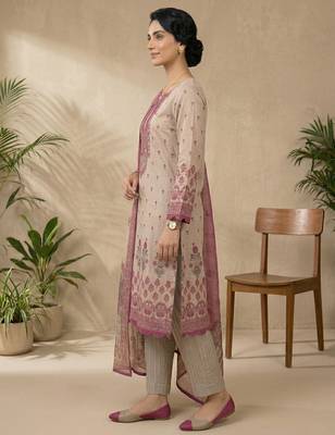 pink digital print linen shimmer suit material for women 2