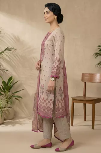 pink digital print linen shimmer suit material for women