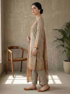 beige digital printed linen shimmer suit material 3