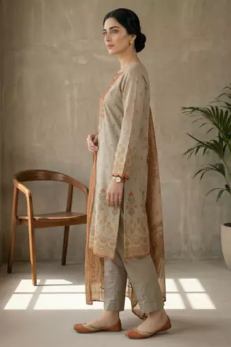 beige digital printed linen shimmer suit material