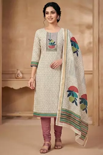 Stylee lifestyle beige linen shimmer digital printed dress material