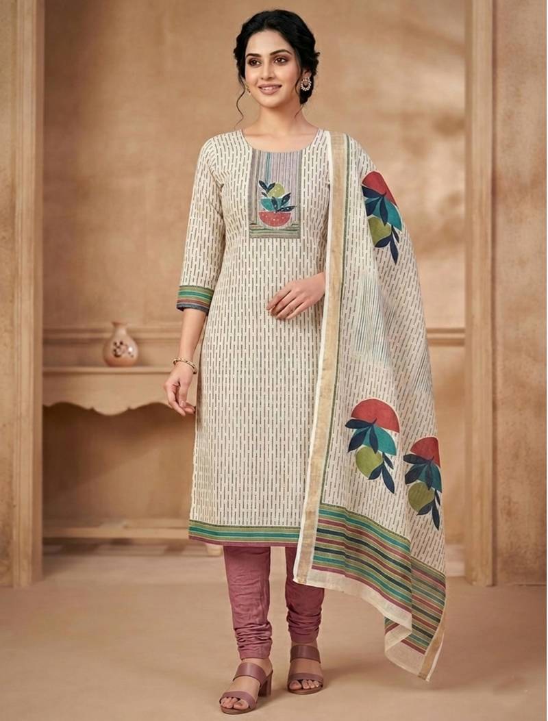 Stylee lifestyle beige linen shimmer digital printed dress material