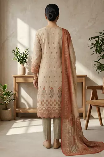 peach digital print linen shimmer suit material for women	