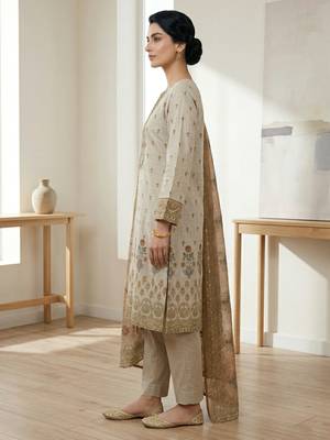 beige digital print linen shimmer suit material for women 2