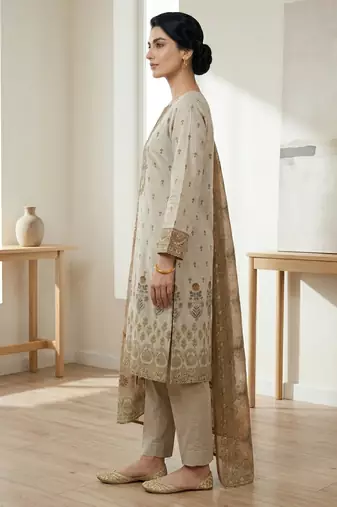 beige digital print linen shimmer suit material for women