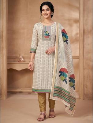 women beige linen shimmer printed dress material 1