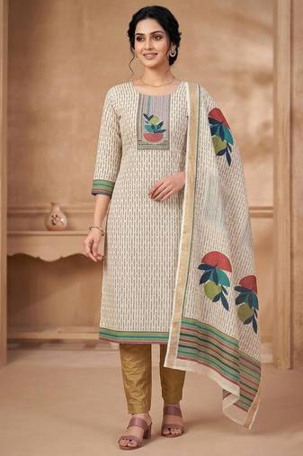 women beige linen shimmer printed dress material