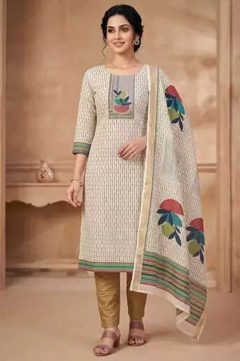 women beige linen shimmer printed dress material