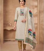 women beige linen shimmer printed dress material