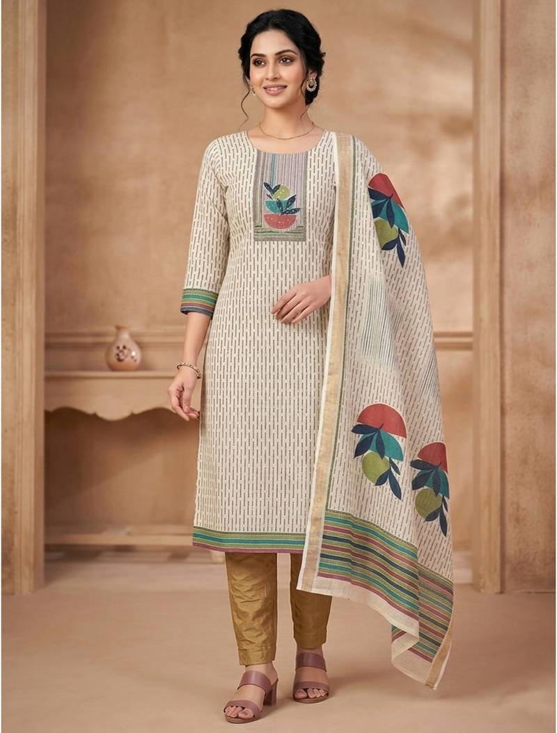 Stylee lifestyle beige linen shimmer digital printed dress material