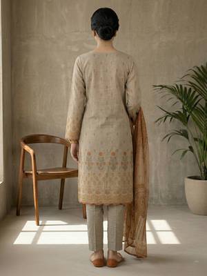 beige digital printed linen shimmer suit material 4